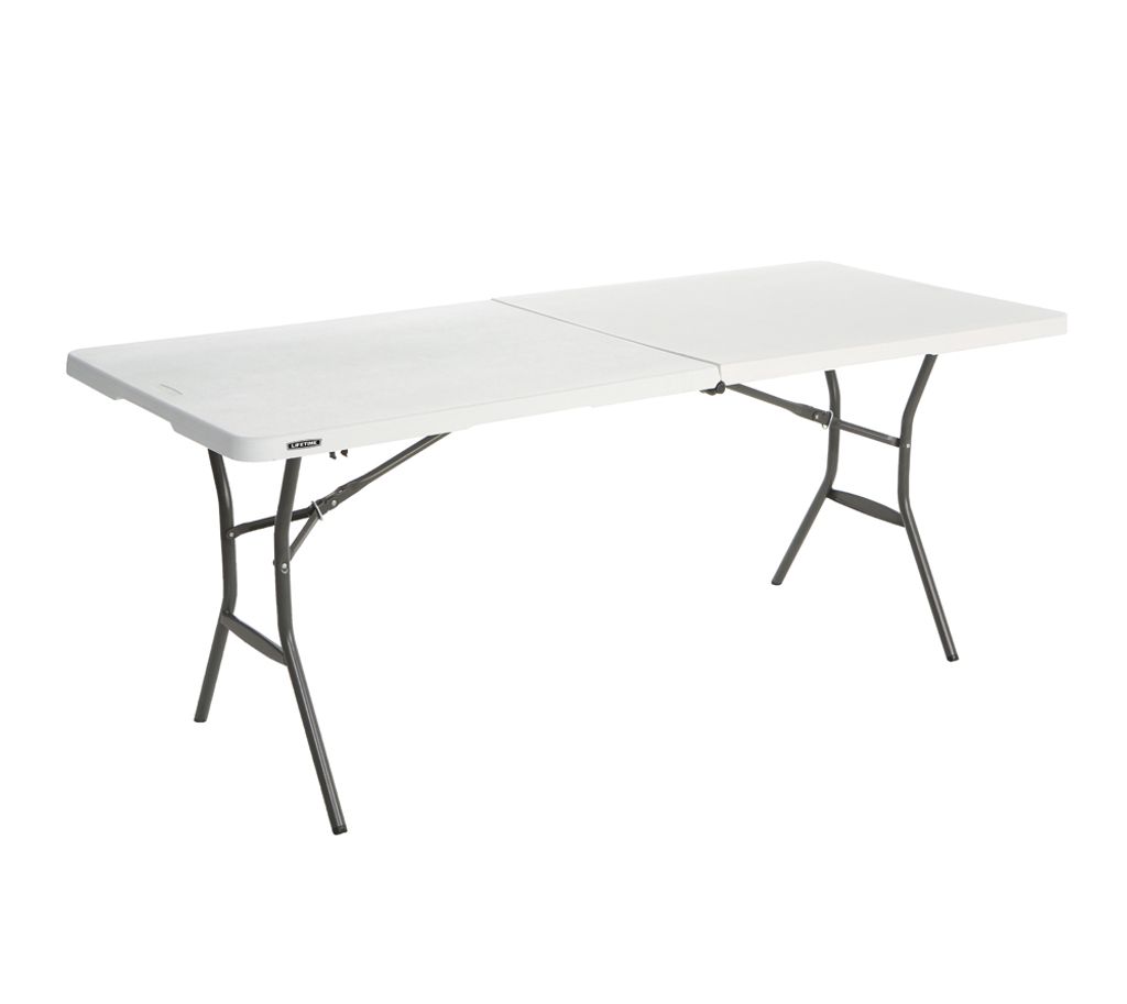 A white folding table with gray metal legs is shown against a white background.