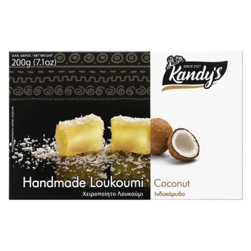Kandylas Loukoumi Kokos 200 g Packung auf Weiß