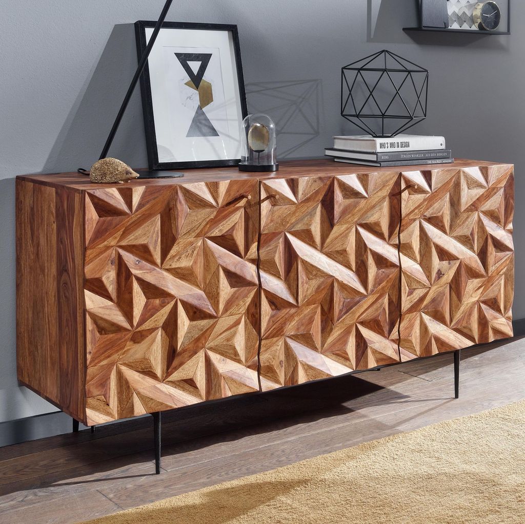 WOHNLING Sideboard 144x72x47 cm Sheesham Massivholz / Metall Anrichte Kommode mit drei Türen Kommodenschrank Holz Modern Standschrank Wohnzimmer
