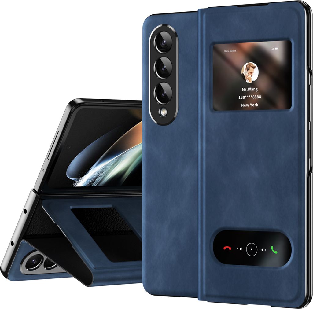 Galaxy Z Fold3 Hülle, Schlank Flip Leder View-Fenster Schutzhülle mit Standfunktion für Samsung Galaxy Z Fold 3 5G Dunkelblau