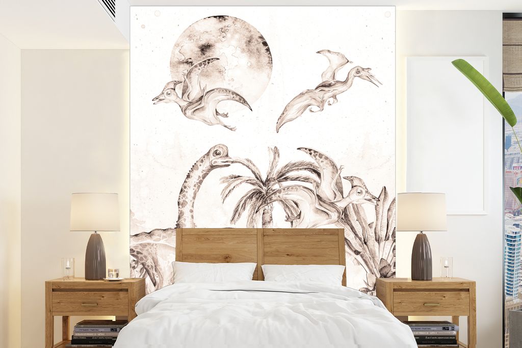 MuchoWow Fototapete für Wohnzimmer oder Schlafzimmer Wandtapete Vinyl Motivtapete Dino - Kinder - Dschungel - Pflanzen - Kinder - 190x260 cm - K...