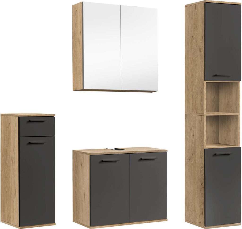 mokebo Badmöbel Set 4-teilig aus Holz 'Der Steuermann', Badezimmer Set oder Komplettset mit Unterschrank, Beistellschrank, Spiegelschrank und Ho...