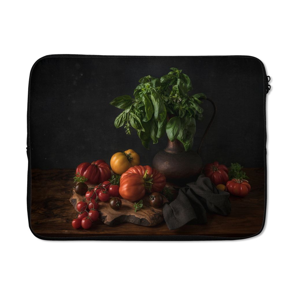 MuchoWow Laptop Hülle 17 Zoll Laptoptasche Stilleben - Tomaten - Basilikum - Gemälde - Gemüse - Schwarz - Zipper - Schutzabdeckung