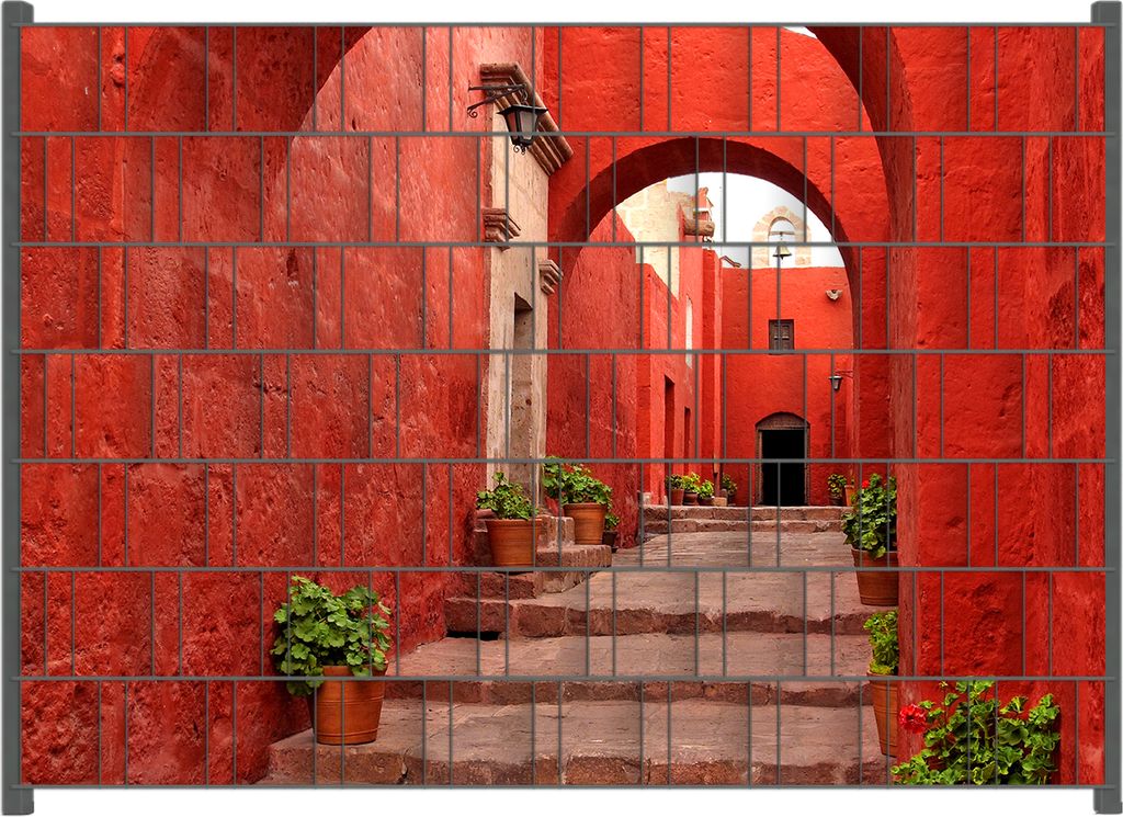 Wallario Zaunsichtschutz mit Motiv Roter Torbogen für Ein- und Doppelstabmatten Zäune in der Größe 200 x 140 cm