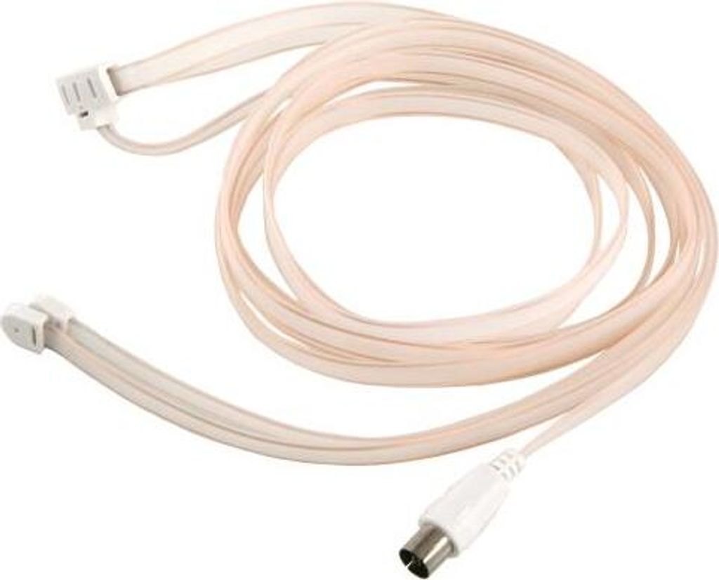 A coiled white antenna cable with two small white connectors at one end and a coaxial connector at the other.