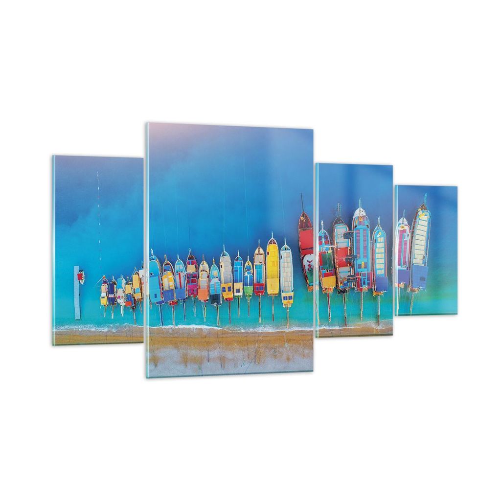 Bilder auf glas - 4 Teile - Schiffe Strand Perspektive - 160x90cm - Glasbilder - Wandbilder - Bilder - zum Aufhängen bereit - Wanddekoration aus G...