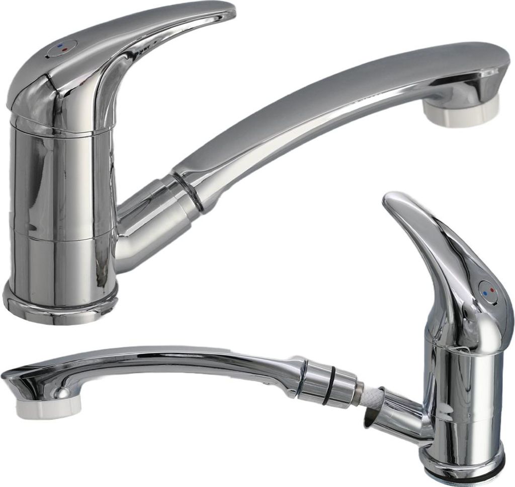 Three views of a chrome faucet on a white background.