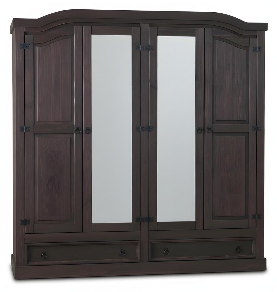 New Mexico Kleiderschrank 4-türig mit 2 Spiegeltüren, 2 Füllungstüren und 2 Schubladen, Breite 194 cm, Höhe 193 cm, kolonial gebeitzt.