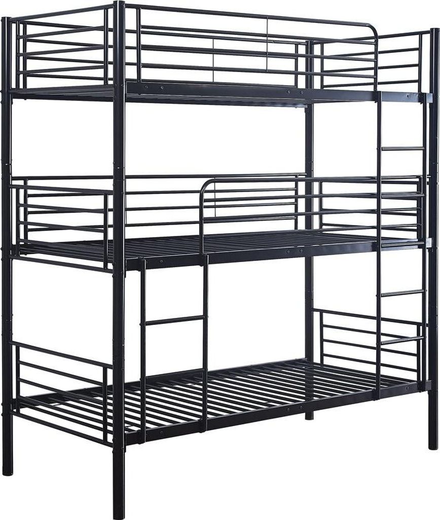 A black metal triple bunk bed is shown against a white background.