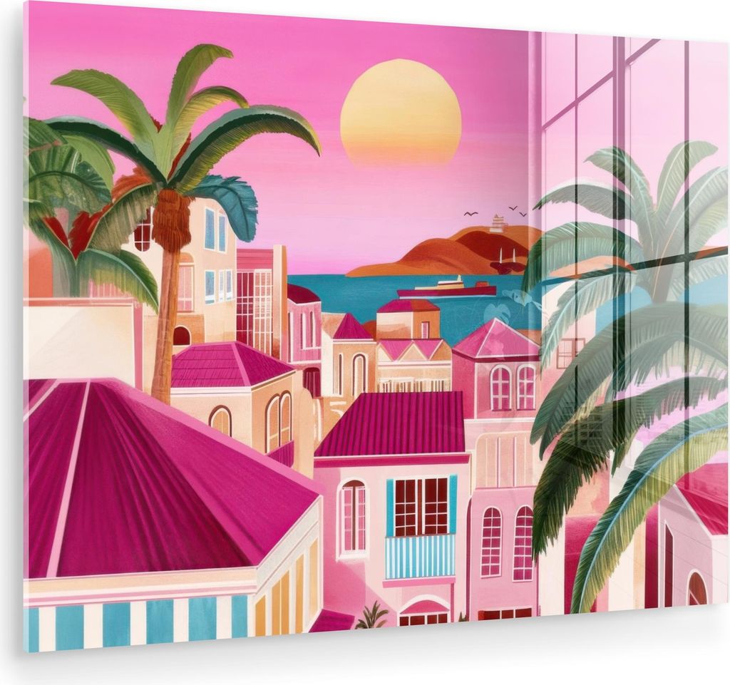 MuchoWow Glasbilder - Bilder auf Wandbild - Foto auf Glas Stadt - Rosa - Palmen 80x60 cm Wanddekoration aus Glas - Acrylglasbild - Acrylbilder - Wa...