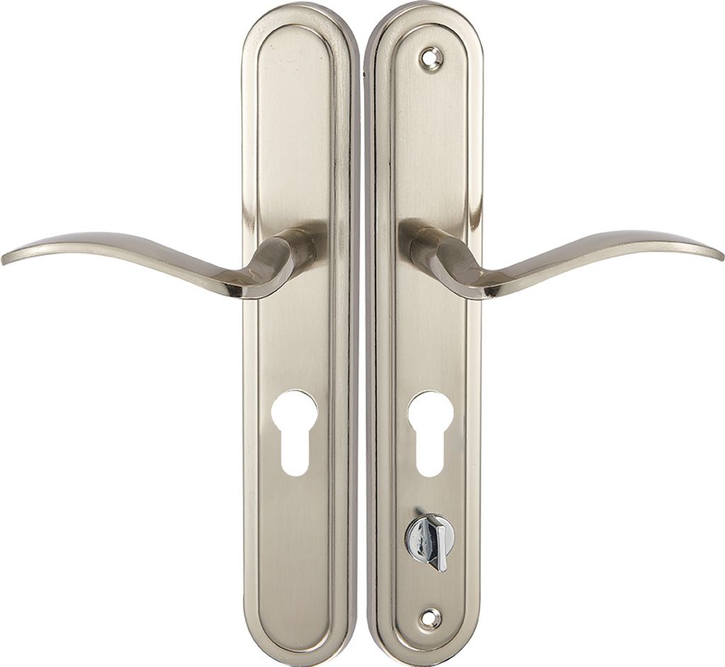 A pair of door handles with keyholes and a lock mechanism, presented against a white background.