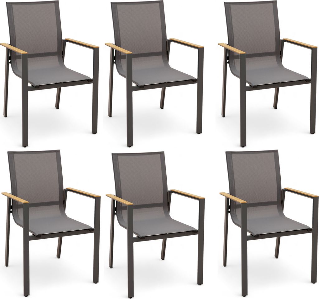 6x ALEOS. Gartenstuhl mit Armlehne Gartensessel Stapelstuhl Stapelsessel Sessel TRINIDAD Aluminium Textilgewebe Teak stapelbar