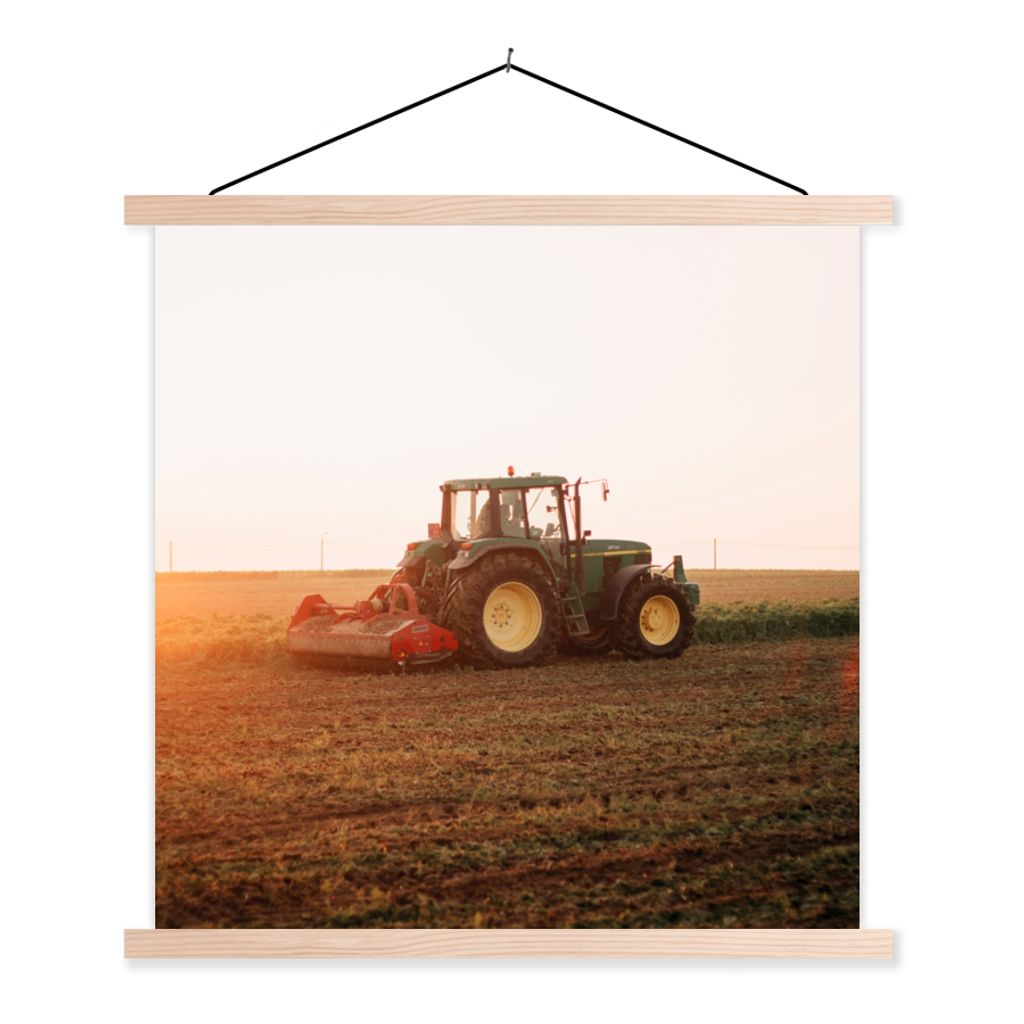 MuchoWow Textilposter Traktor - Feld - Bauernhof - Landwirt - Horizont 120x120 cm mit holzfarbenen Rahmen - Textil-Poster