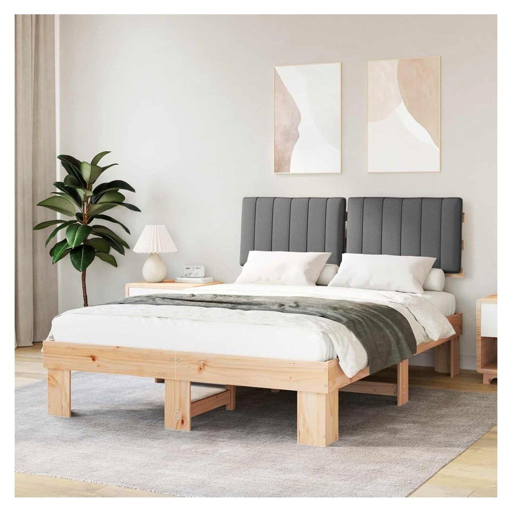 Bettgestell aus Holz mit gepolstertem Kopfteil - Massives Kiefernholz - Hellgrau - 201 x 143 x 93 cm - Modernes Schlafzimmer