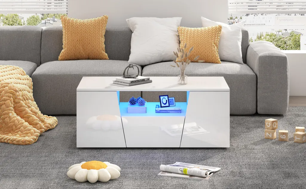 Table basse de rangement blanc LED pour optimiser et éclairer le salon