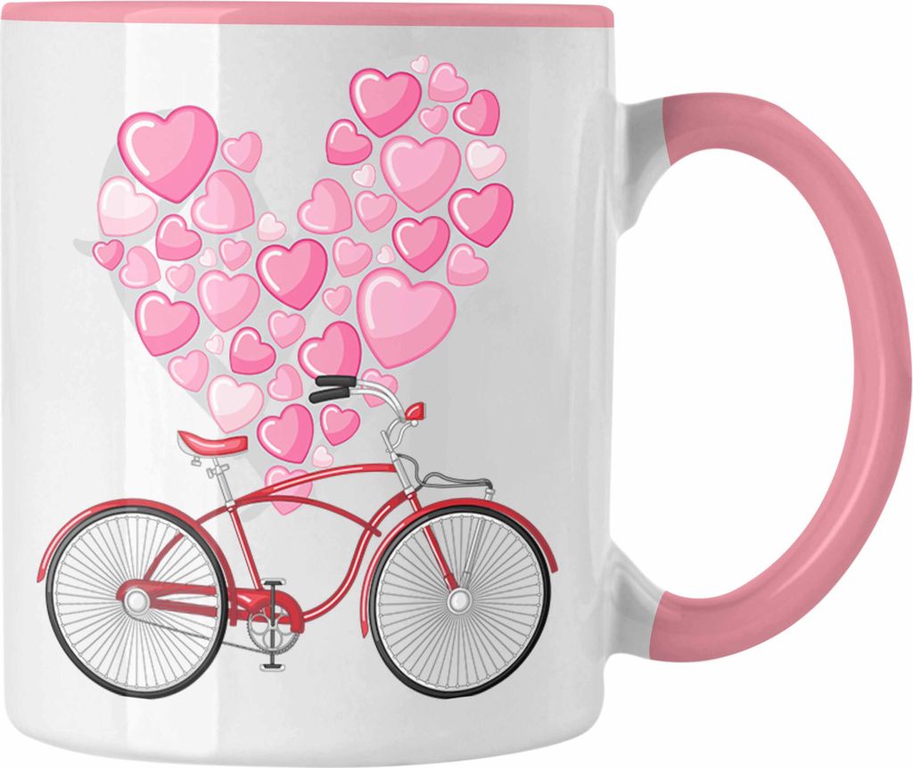 Trendation - Valentinstag Tasse Geschenk Fahrrad Grafik Viele Herzen Geschenkidee Radfahrer (Rosa)