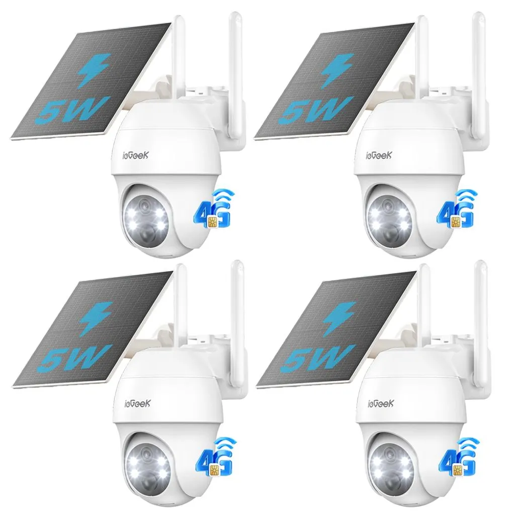 Système Surveillance 4G Solaire pour Jardin et Chantier 2K 360° x4