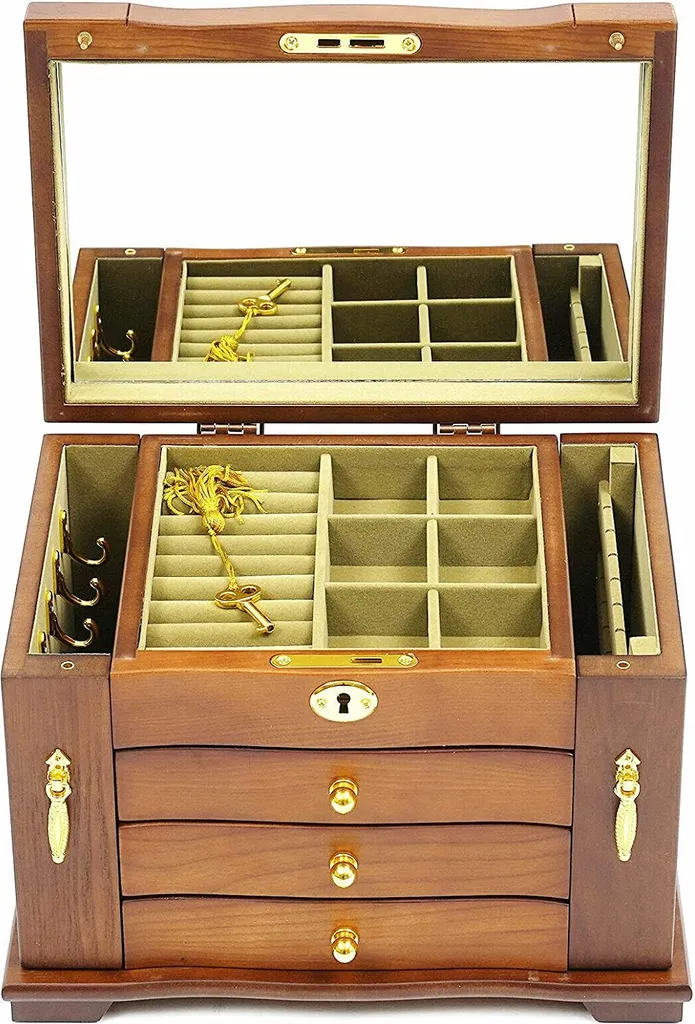 Boîte à bijoux cadeau idéal en bois avec 4 sections pour rangement chic