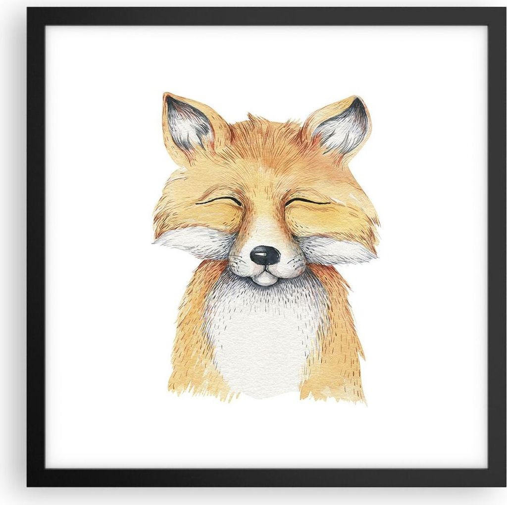 Gerahmtes Poster - Schwarzer Rahmen - Cartoon Fuchs Kind - 40x40 cm - Wand Bild - Wanddeko - Wandbilder - Kunstposter - Wandposter - Bilderrahmen -...