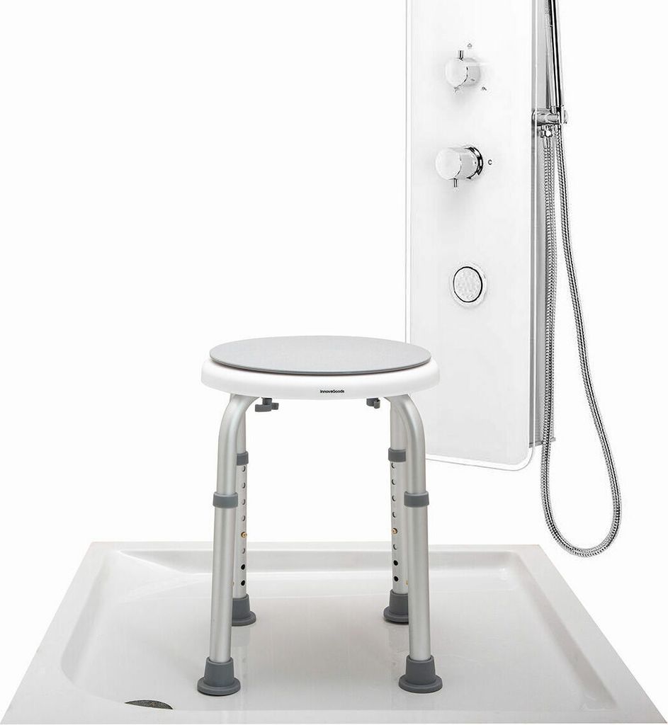 A shower stool and shower panel are displayed against a white background.