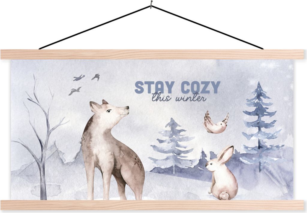 MuchoWow Textilposter Winter - Zitat - Wald 120x60 cm mit holzfarbenen Rahmen - Klemmleiste