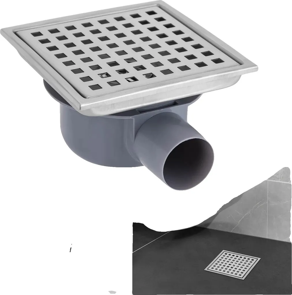 Siphon de douche 15x15 cm en acier inoxydable avec raccordement 4,5 cm