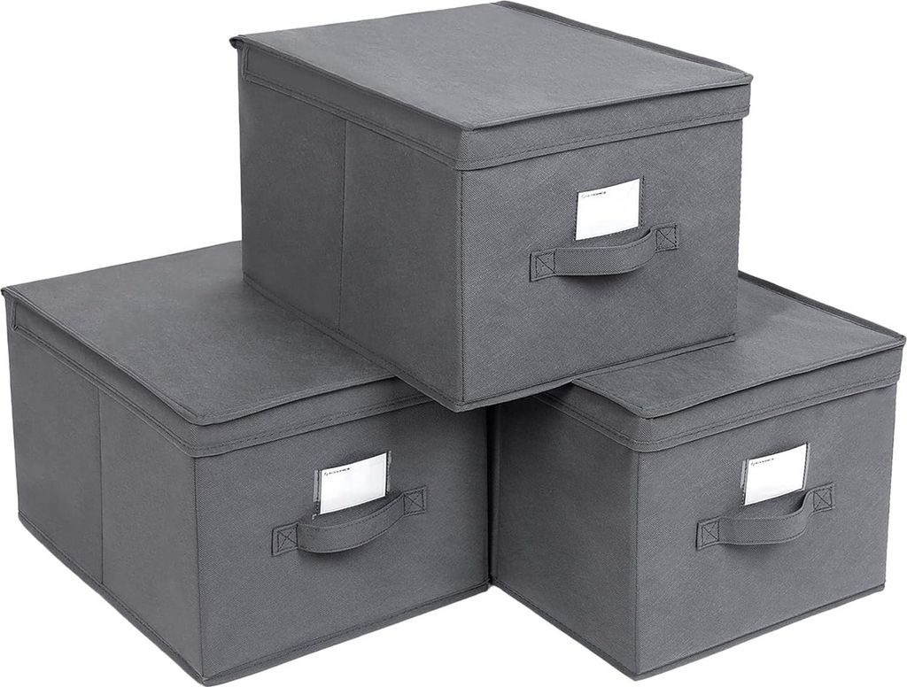 Faltbox mit Deckel, 3 Stück, Faltbare Aufbewahrungsbox, Stoffbox, 40 x 30 x 25 cm, grau RFB03G