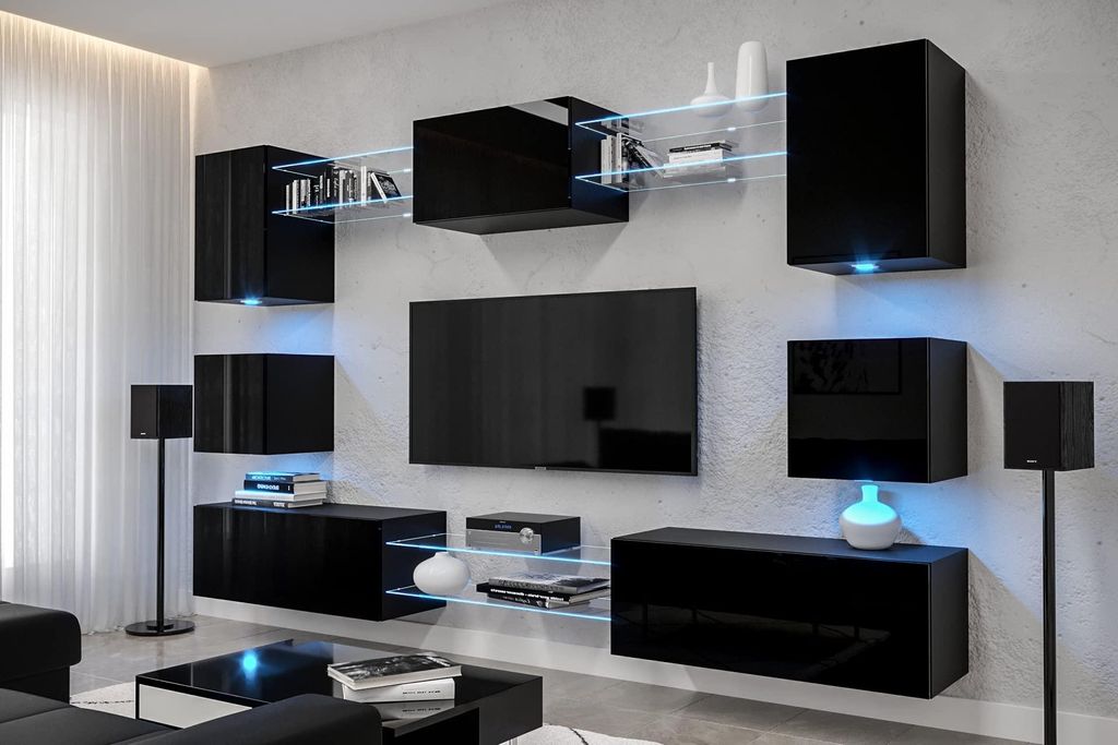 Furnitech Wohnwand Wohnzimmer - Wohnzimmer Möbel mit LED RGB - Hängend Wohnwand Modern - Wohnzimmer Schrankwand(Nowara AN1-17B-HG20-1A-NEW)
