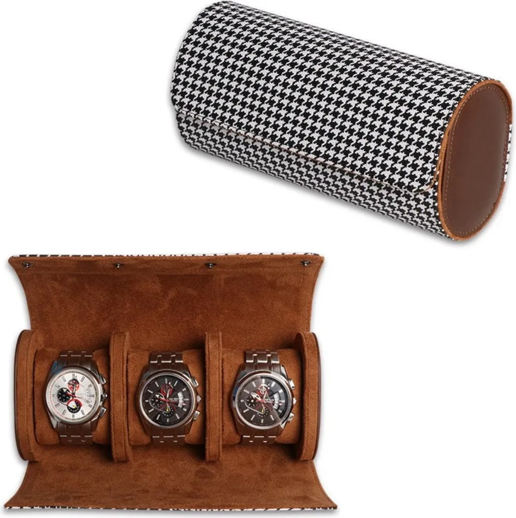 Étui 3 Montres en Cuir PU Pied-de-Poule - Protection Portable et Rigide