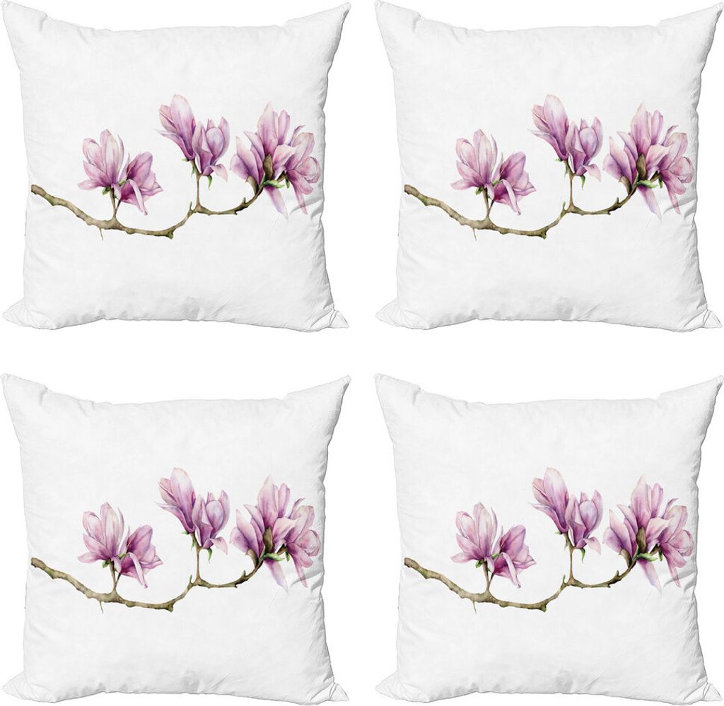 ABAKUHAUS Blumen Kissenbezug Set (4 Stück), Magnolia auf einem Zweig, Moderner Doppelseitiger Digitaldruck, 50 cm x 50 cm, Pale Fuchsia Multicolor
