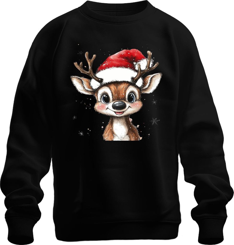 Weihnachtsrentier Niedlich Santa Hut Schneeflocken Aquarell süß Uni Sweatshirt Pullover, Schwarz, S