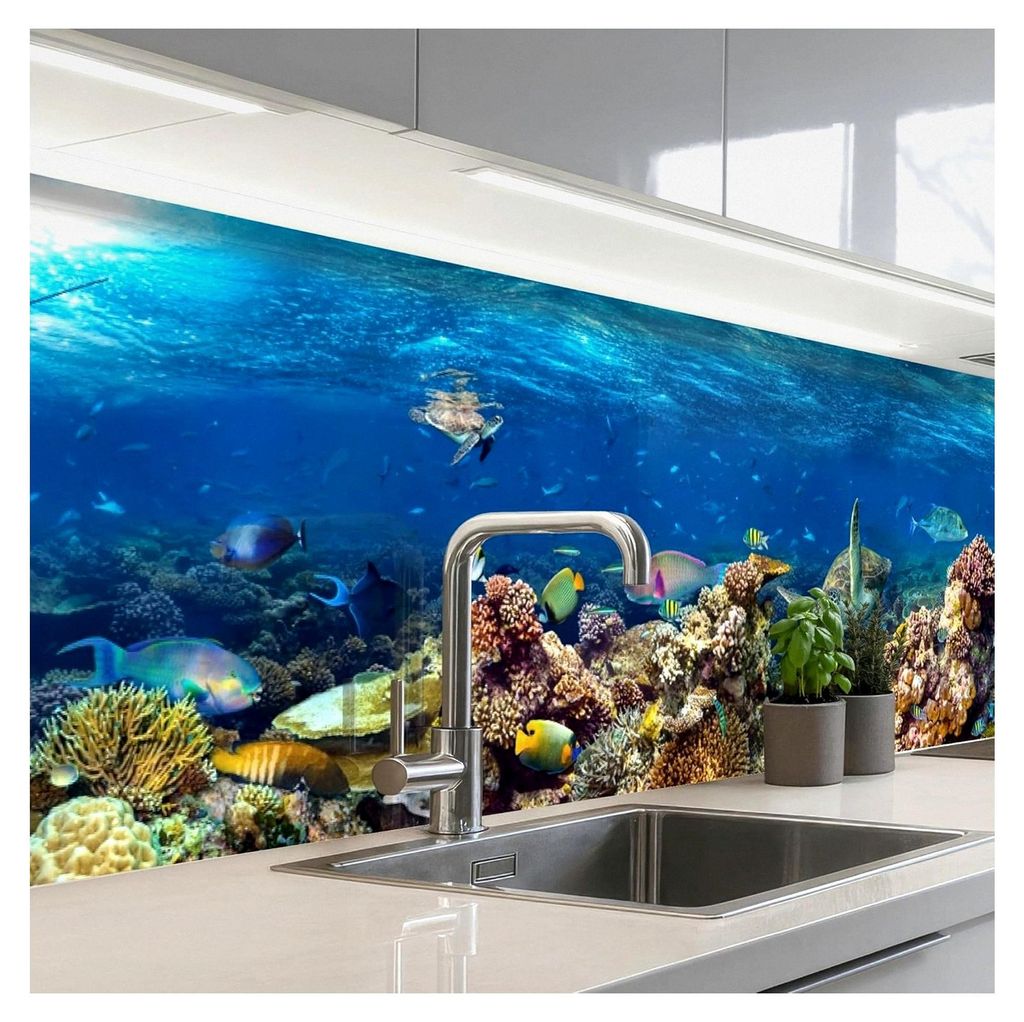 Spritzschutz Küche 60x250 cm Rückwand Küchendeko Wandschutz Selbstklebend Unterwasserlandschaft - Fische - Schildkröte - Blau