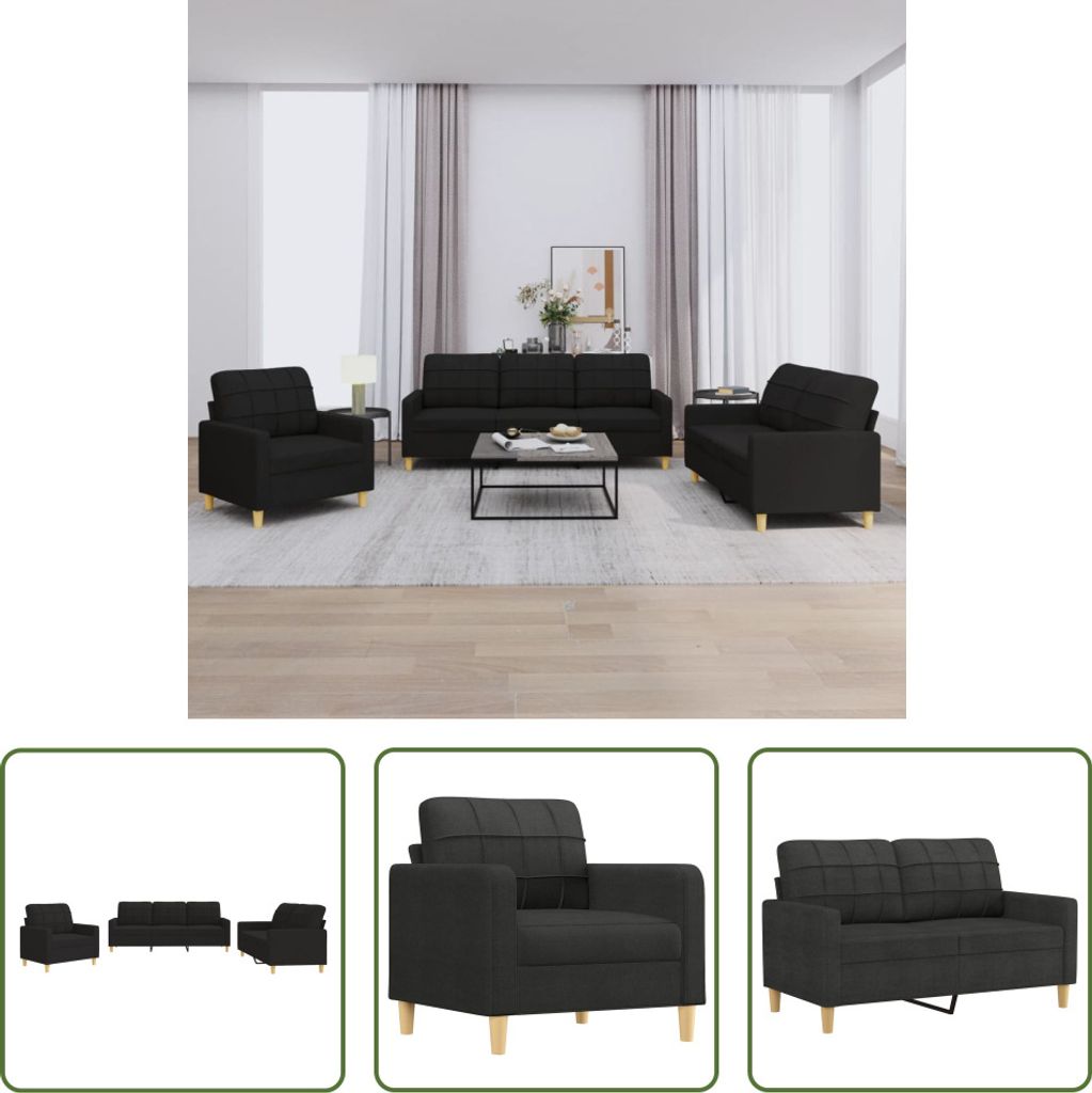 The Living Store 3-tlg. Sofagarnitur mit Kissen Schwarz Stoff