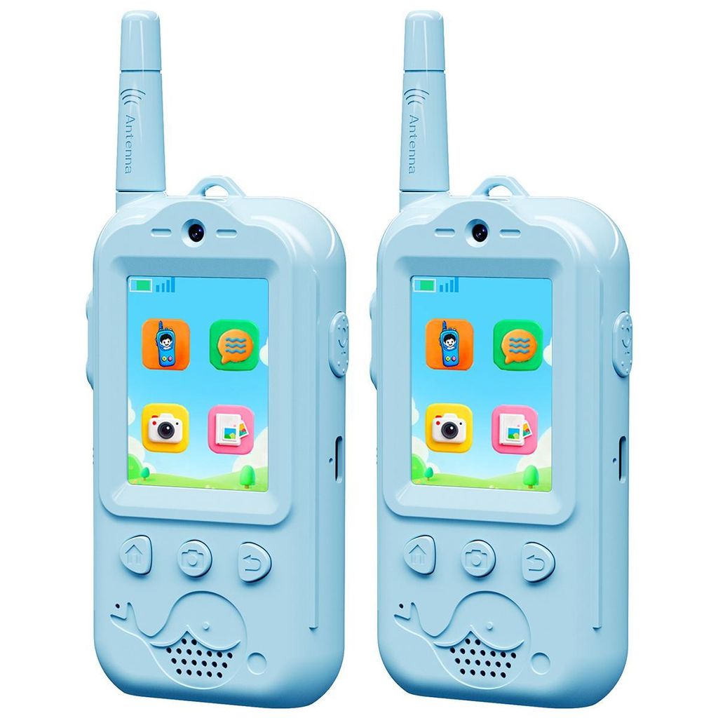 Two blue walkie-talkies are shown side-by-side against a white background.