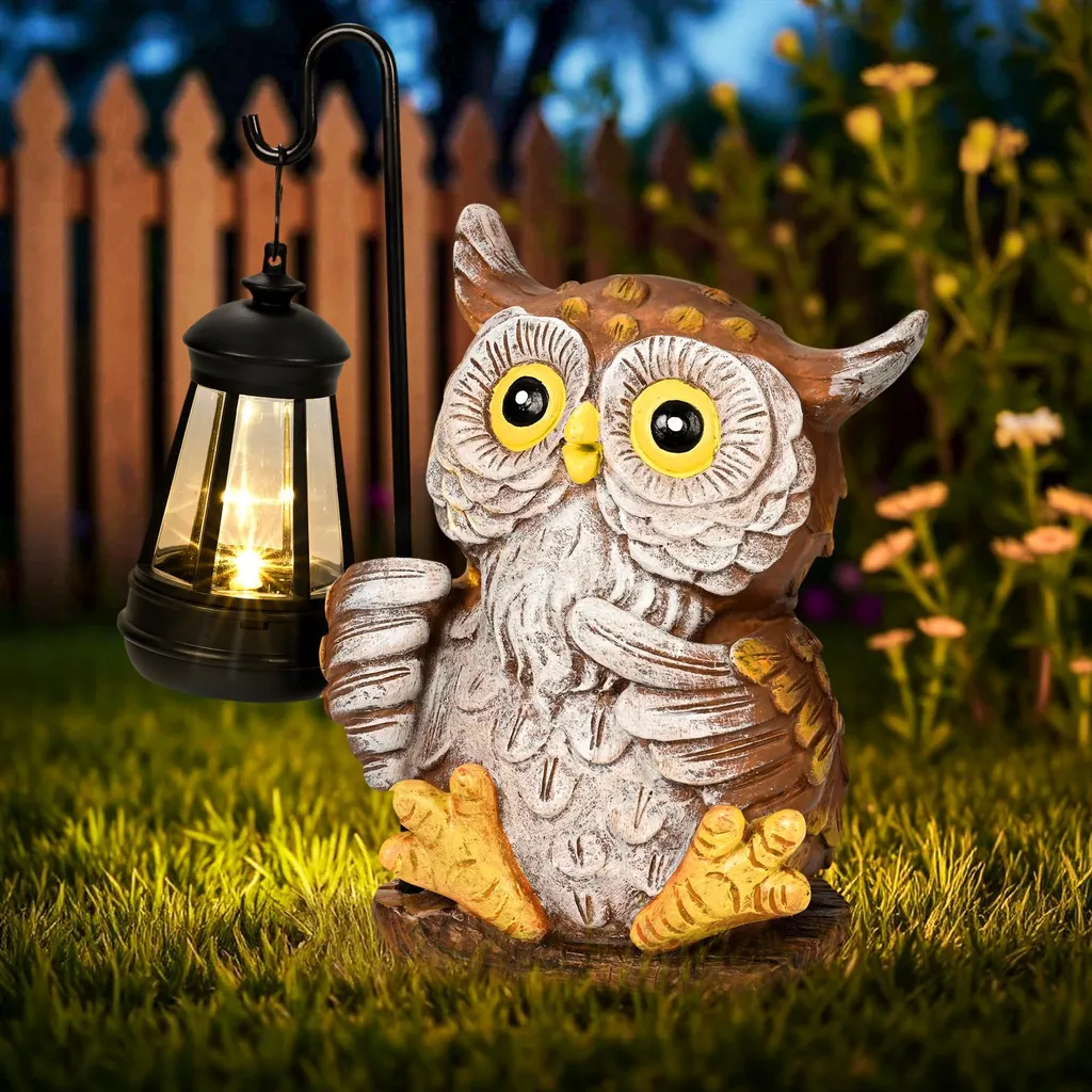 Décoration solaire chouette pour extérieur, lampe LED effet pierre 20cm