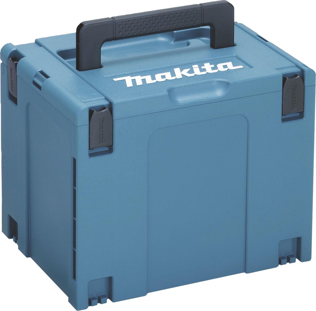 A blue plastic tool case with a black handle on a white background.