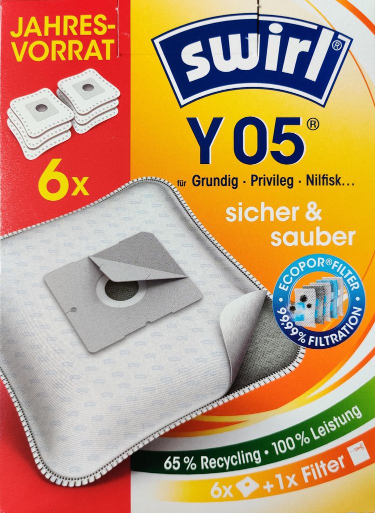 Swirl Y 05 - 6er Pack EcoPor Staubsaugerbeutel Vorratspack Y05 Jahresvorrat - 6 Beutel sicher & sauber Staubbeutel