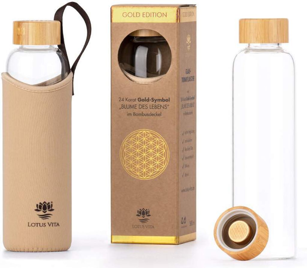 Lotus Vita Glas-Trinkflasche Gold-Edition 580ml - Creme/Braun