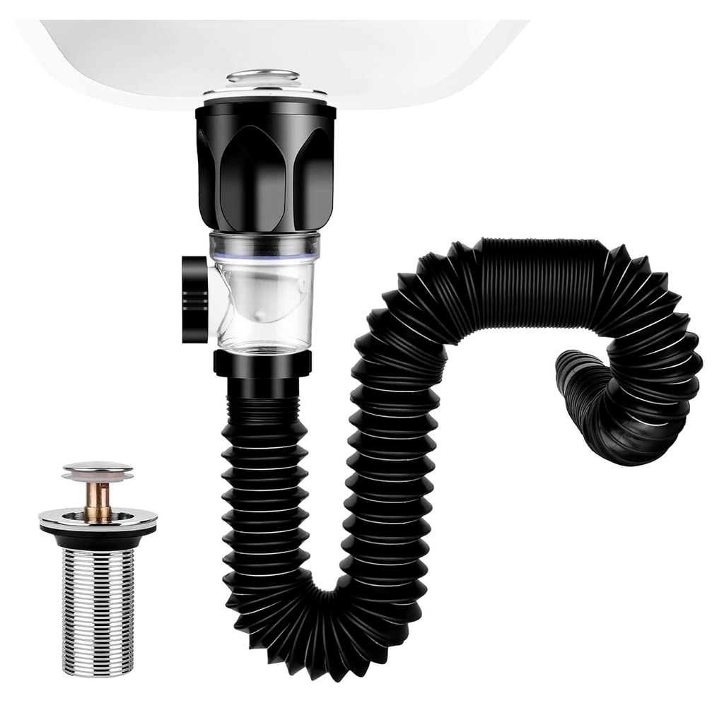 Waschbecken Ablaufgarnitur Set, Siphon mit Pop-up Abflussstopfen, Abflussrohr für Waschbecken, für Bad, WC, Küchenspüle, ausziehbar von 300-100...