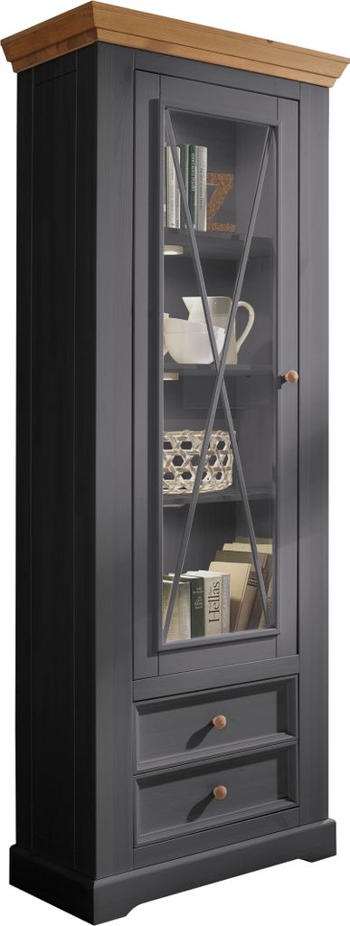 Vitrine "WZ-0133" aus Kiefer massiv in grau mit 2 Schubladen und einer Tür. Abmessungen (BxHxT) 79x214x42 cm