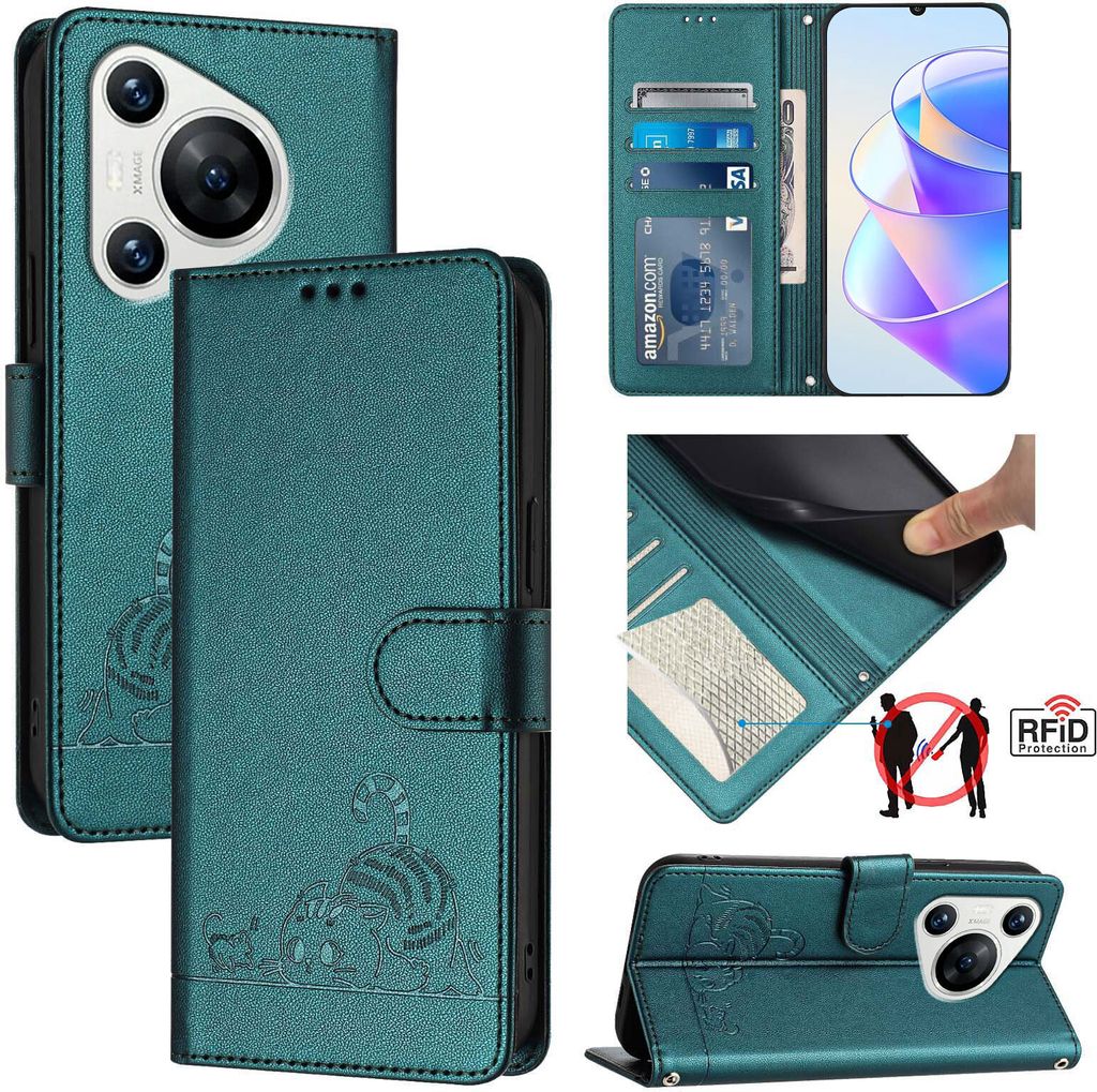 Leder Hülle für Huawei Pura 70 Süße Katze Flip Case Brieftasche Schutzhülle mit Standfunktion Grün