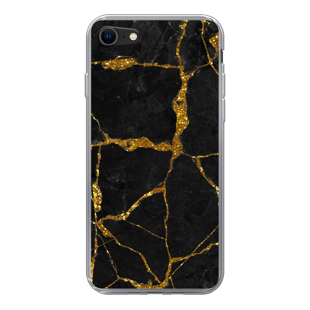 MuchoWow Handyhülle Schutzhülle Hülle für iPhone 7 Marmor - Gold - Schwarz - Marmoroptik - Glitter Silikon Softcase Handy Hülle - Kartenhalter