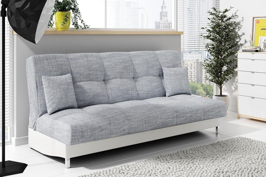 LIKMA Schlafsofa 3 Sitzer ausziehbar Dunkelgrau + Weiß Kunstleder 195x91x85 cm mit Bettkasten & Schlaffunktion ohne Armlehnen