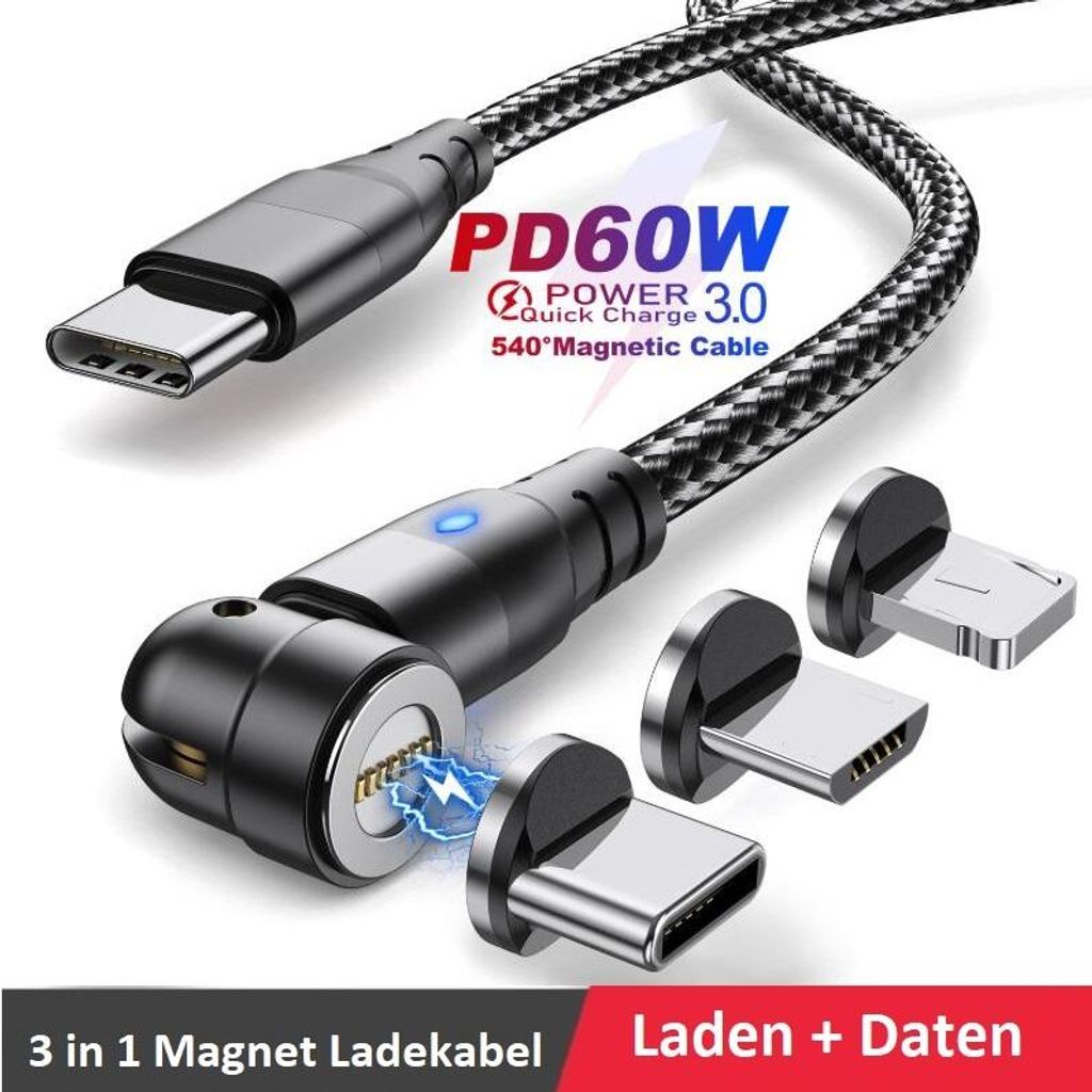 60 Watt 3in1 Typ-C Magnet Schnellladekabel 3in1 Handy für iPhone Samsung iPad Huawei 1 Meter