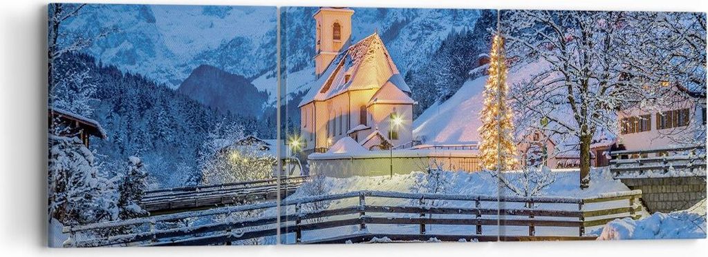 Bild auf Leinwand - Leinwandbild - 3 Teile - Festlich Kirche Schnee - 90x30cm - Wand Bild - Wanddeko - Wandbilder - Leinwanddruck - Bilder - Wandde...