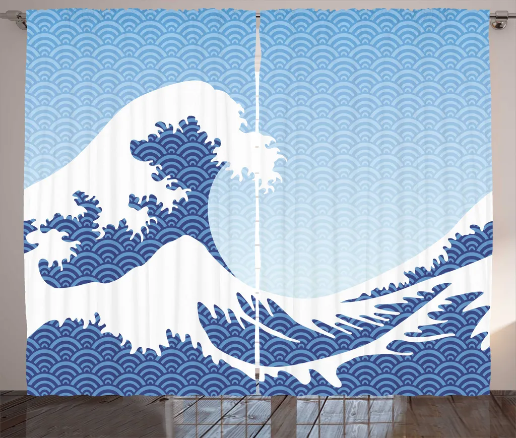 Rideau de salon pour grande fenêtre déco japonaise bleu et blanc