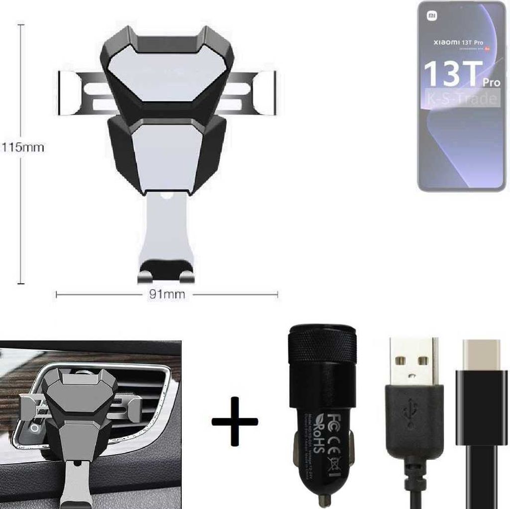K-S-Trade Lüftungsschlitz Halterung kompatibel mit Xiaomi 13T Pro Lüftungshalterung Lüftungsgitter schwarz-silber Auto-Halterung Smartphone Halter