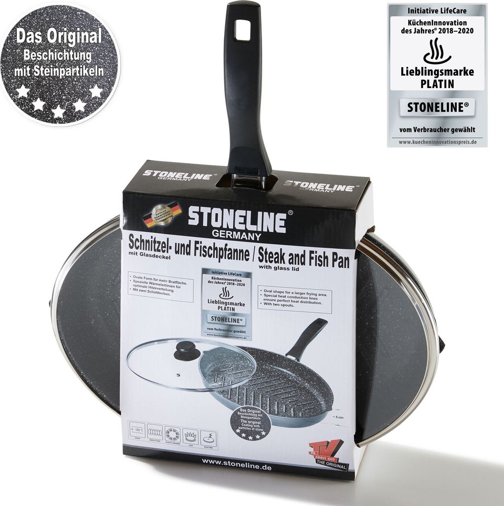 A STONELINE® Schnitzel- und Fischpfanne (Steak and Fish Pan) with a glass lid, presented in its original packaging.