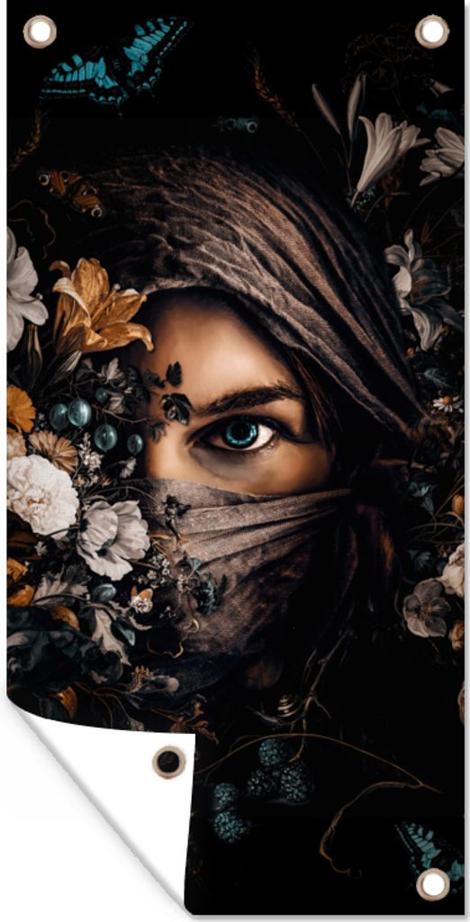 MuchoWow 40x80 cm Outdoor-Poster Gartendeko Sichtschutz Garten Poster für den Garten Frau - Luxus - Blumen - Schmetterling - Porträt