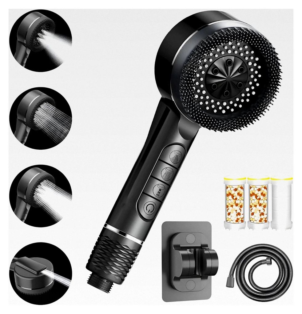 Duschkopf mit Filter, Hochdruck-Handbrause mit 8-Schichten-Filterung, 4 Strahlarten und Stoppfunktion, inklusive 1,5 m Brauseschlauch und Halterung...
